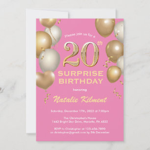 Surprise 20th Birthday Pink and Gold Balloons Invitation
