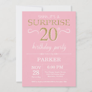 Surprise 20th Birthday Pink and Gold Glitter Invitation