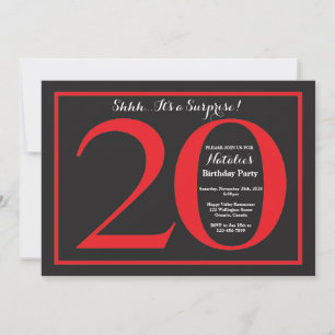 Surprise 20th Birthday Red and Black Chalkboard Invitation