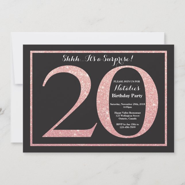 Surprise 20th Birthday Rose Pink Gold Glitter Invitation (Front)