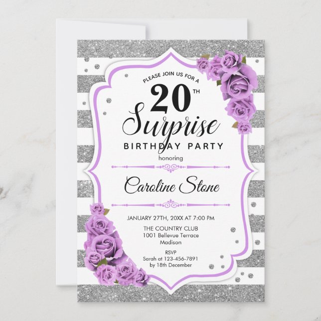 Surprise 20th Birthday - Silver White Purple Invitation (Front)