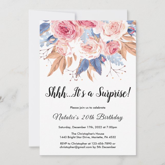 Surprise 20th Birthday Watercolor Botanical Floral Invitation (Front)