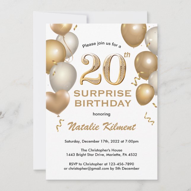 Surprise 20th Birthday White and Gold Balloons Invitation (Front)