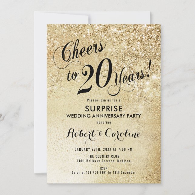 Surprise 20th Wedding Anniversary - Gold Invitation (Front)