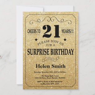 Surprise 21st Birthday Black and Gold Glitter Invitation