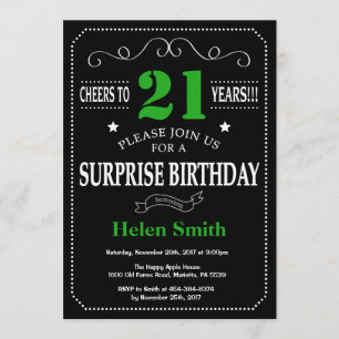 Surprise 21st Birthday Black and Green Chalkboard Invitation