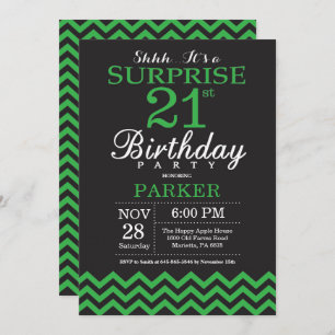 Surprise 21st Birthday Black and Green Chevron Invitation