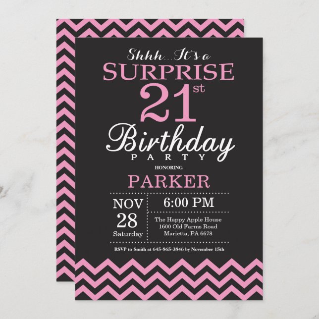 Surprise 21st Birthday Black and Pink Chevron Invitation (Front/Back)