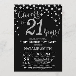 Surprise 21st Birthday Black and Silver Diamond Invitation