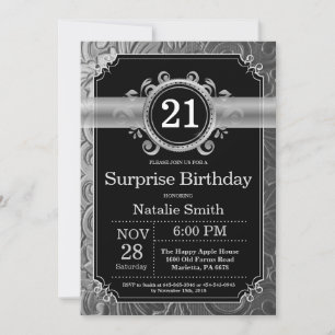 Surprise 21st Birthday Black and Silver Glitter Invitation