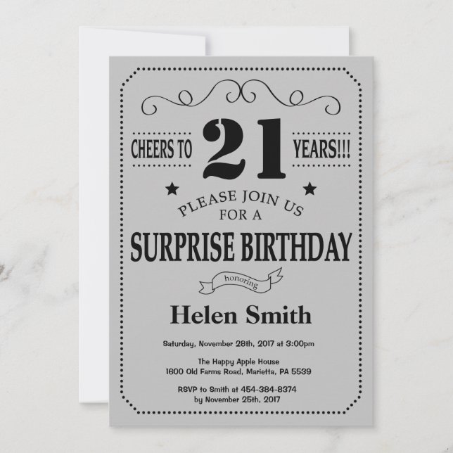Surprise 21st Birthday Black and Silver Grey Invitation (Front)