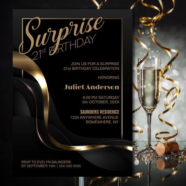 Surprise 21st Birthday Black Gold Party Invitation (Creator Uploaded)