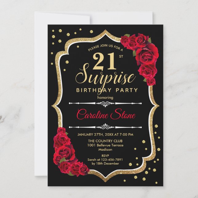 Surprise 21st Birthday - Black Gold Red Invitation (Front)