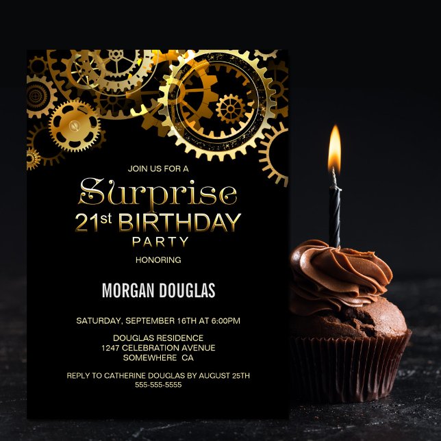 Surprise 21st Birthday Black Gold Steampunk Invitation (Creator Uploaded)