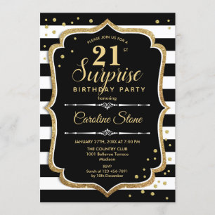 Surprise 21st Birthday - Black White Gold Invitation