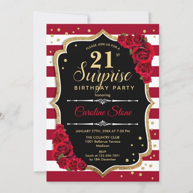 Surprise 21st Birthday - Black White Red Invitation (Front)