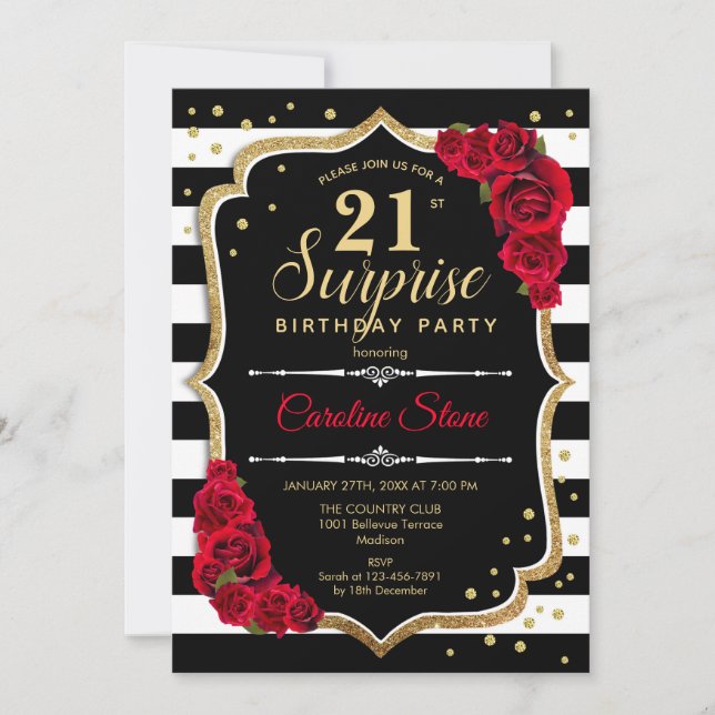 Surprise 21st Birthday - Black White Red Invitation (Front)