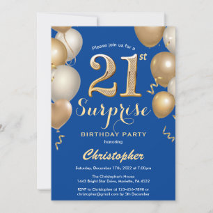 Surprise 21st Birthday Blue and Gold Balloons Invitation