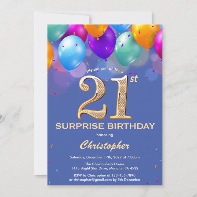 Surprise 21st Birthday Blue and Gold Balloons Invitation (Front)