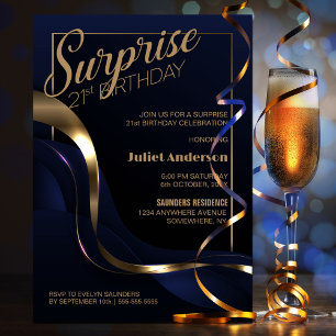 Surprise 21st Birthday Blue Gold Party Invitation