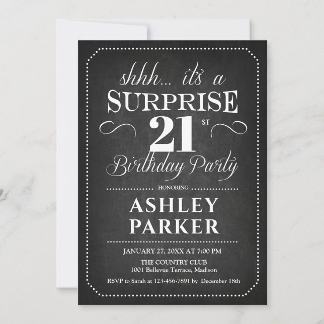Surprise 21st Birthday - Chalkboard Black White Invitation (Front)