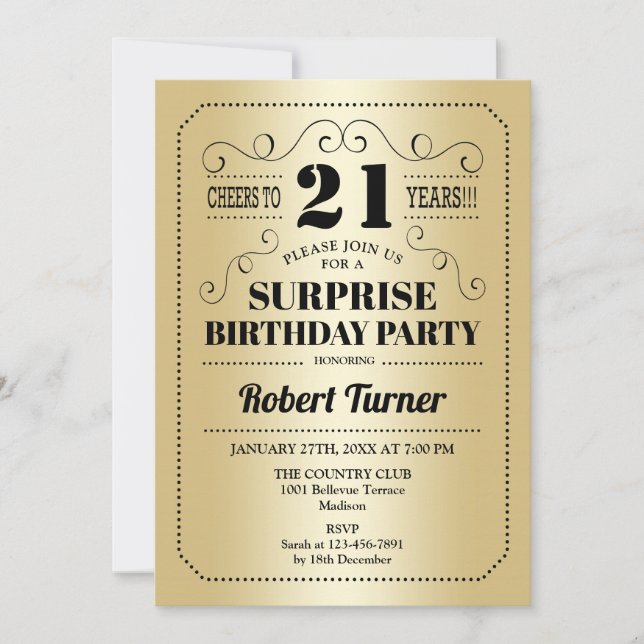 Surprise 21st Birthday - Gold Black Invitation (Front)