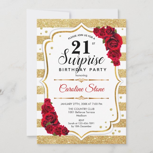 Surprise 21st Birthday - Gold White Red Invitation (Front)