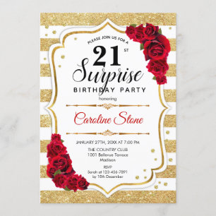 Surprise 21st Birthday - Gold White Red Invitation