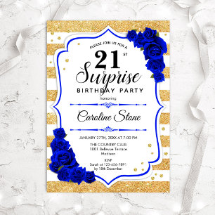 Surprise 21st Birthday - Gold White Royal Blue Invitation