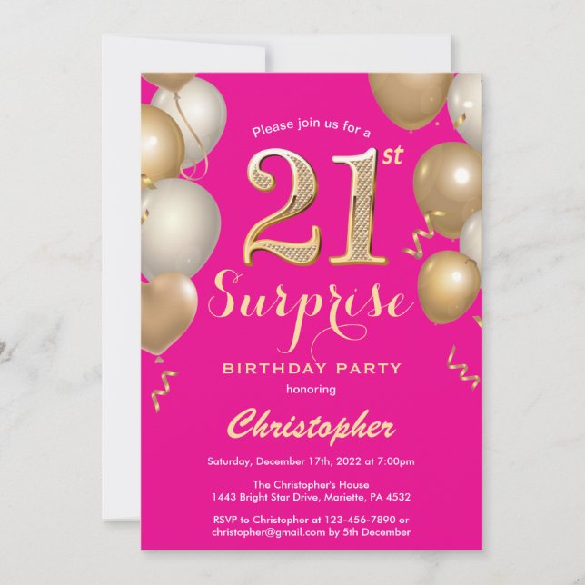 Surprise 21st Birthday Hot Pink and Gold Balloons Invitation (Front)