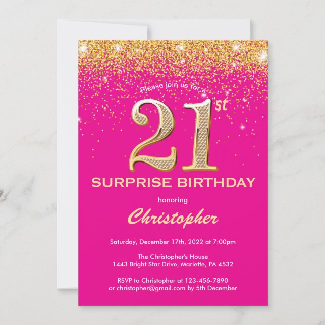 Surprise 21st Birthday Hot Pink and Gold Glitter Invitation (Front)