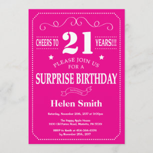 Surprise 21st Birthday Hot Pink and White Invitation