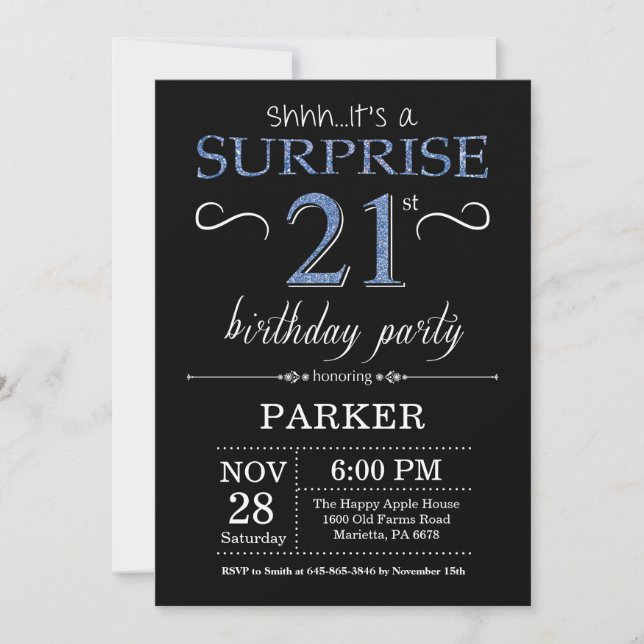 Surprise 21st Birthday Invitation Black and Blue (Front)