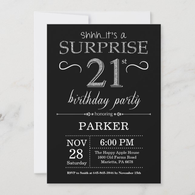Surprise 21st Birthday Invitation Black and Silver (Front)