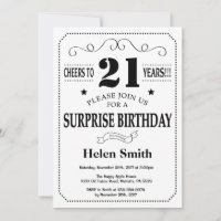 Surprise 21st Birthday Invitation Black and White