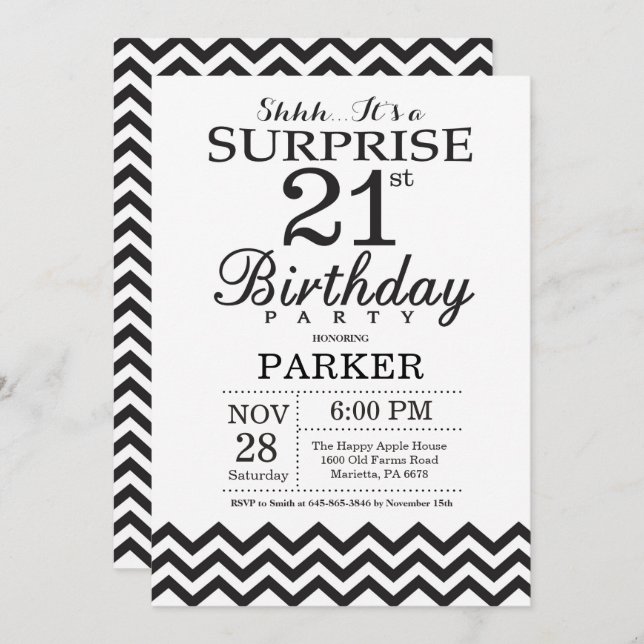 Surprise 21st Birthday Invitation Black Chevron (Front/Back)