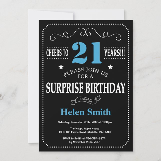 Surprise 21st Birthday Invitation Blue and Black (Front)