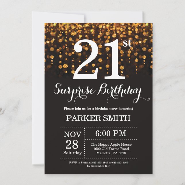 Surprise 21st Birthday Invitation Gold Glitter (Front)