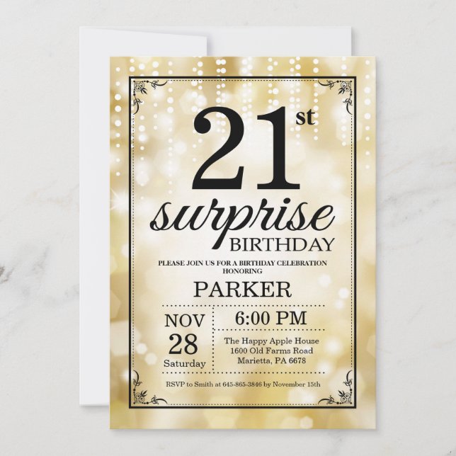 Surprise 21st Birthday Invitation Gold Glitter (Front)