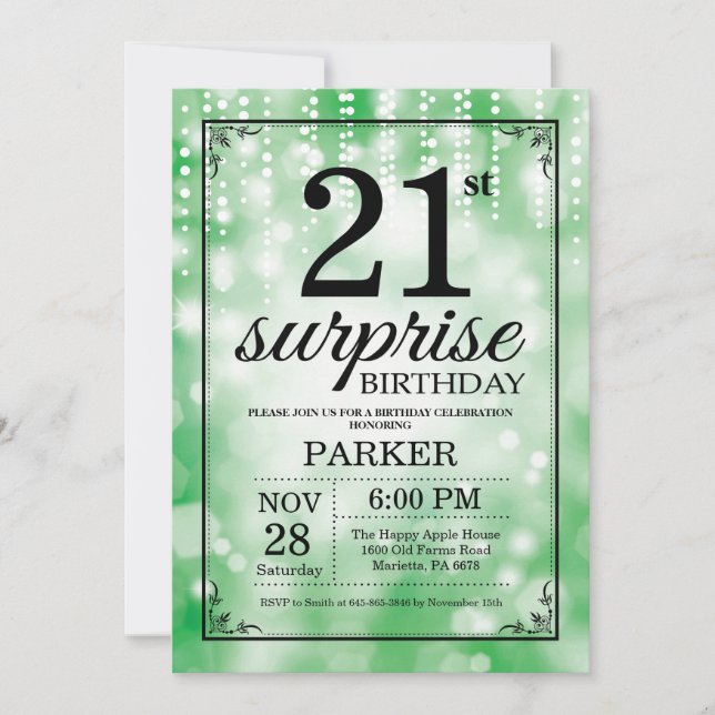 Surprise 21st Birthday Invitation Green Glitter (Front)