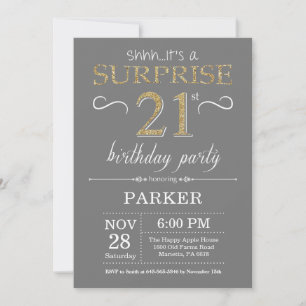 Surprise 21st Birthday Invitation Grey and Gold