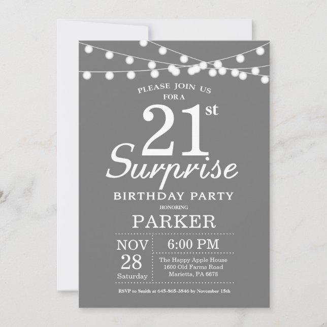 Surprise 21st Birthday Invitation Grey and White (Front)