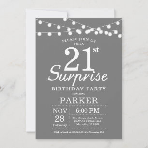 Surprise 21st Birthday Invitation Grey and White