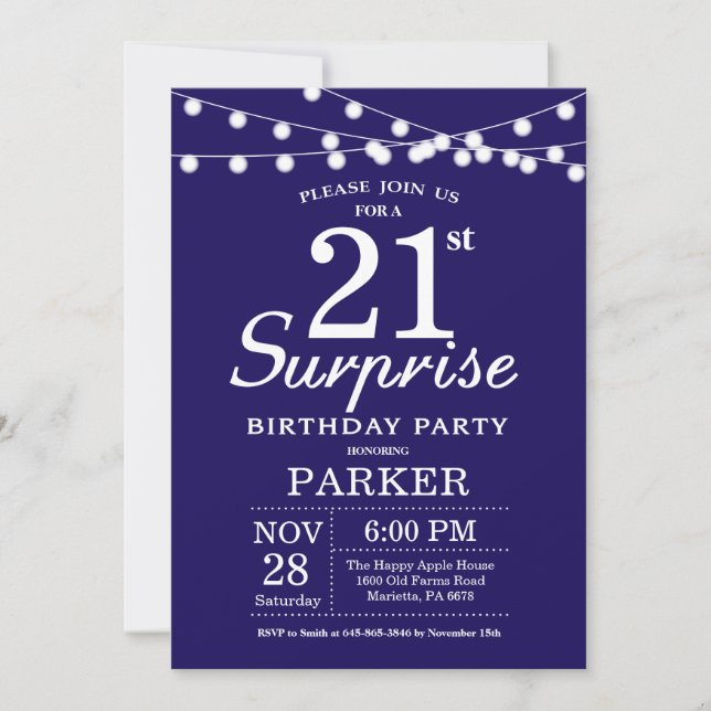 Surprise 21st Birthday Invitation Navy Blue (Front)