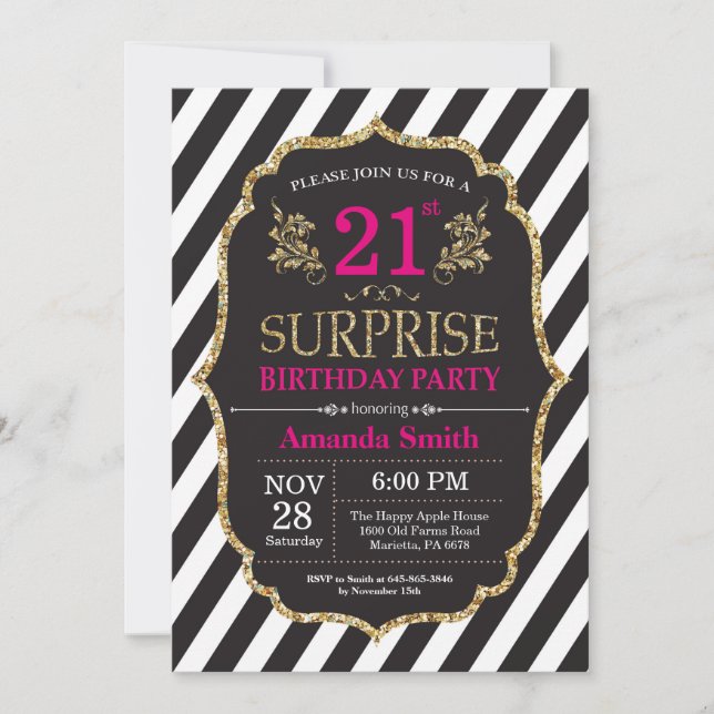 Surprise 21st Birthday Invitation Pink Black Gold (Front)