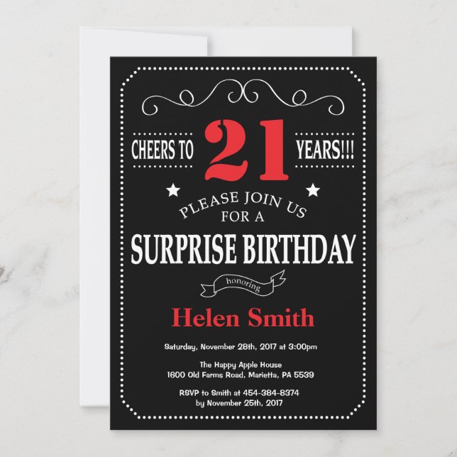 Surprise 21st Birthday Invitation Red and Black (Front)