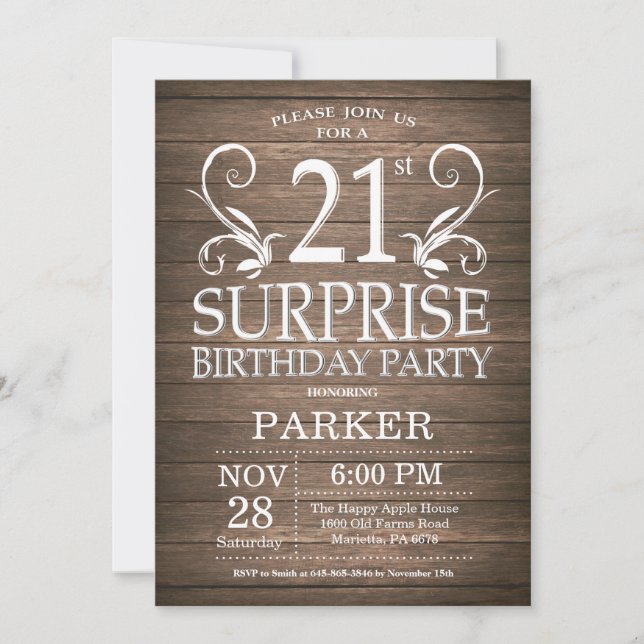 Surprise 21st Birthday Invitation Rustic Wood (Front)