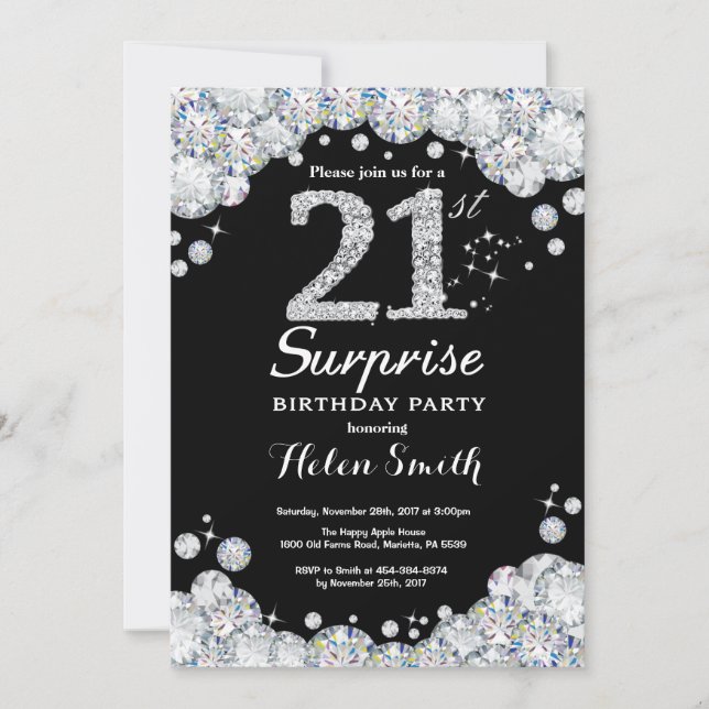 Surprise 21st Birthday Invitation Silver Diamond (Front)