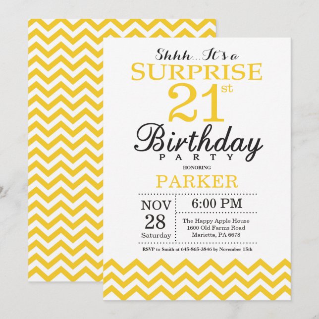 Surprise 21st Birthday Invitation Yellow Chevron (Front/Back)