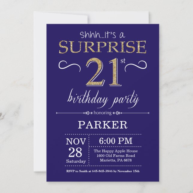 Surprise 21st Birthday Navy Blue and Gold Glitter Invitation (Front)
